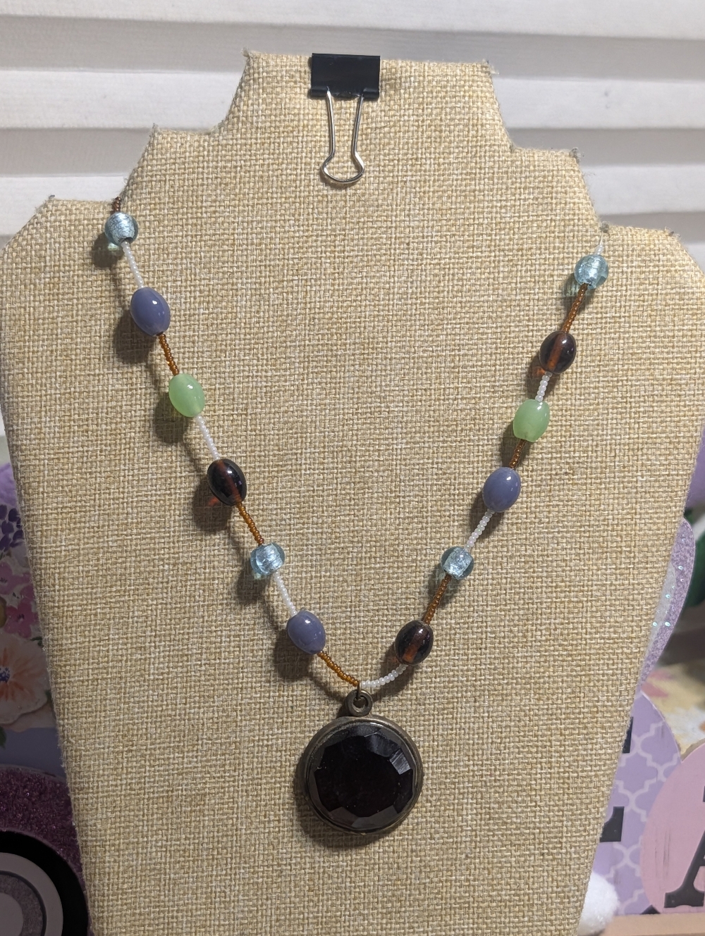 Vintage Boho Artisan Faceted Glass Pendant Seed Bead Necklace Antiqued Bronze